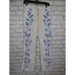 $250 Johnny Was White Linen Embroidered Drawstring Straight Leg Pants Small NEW